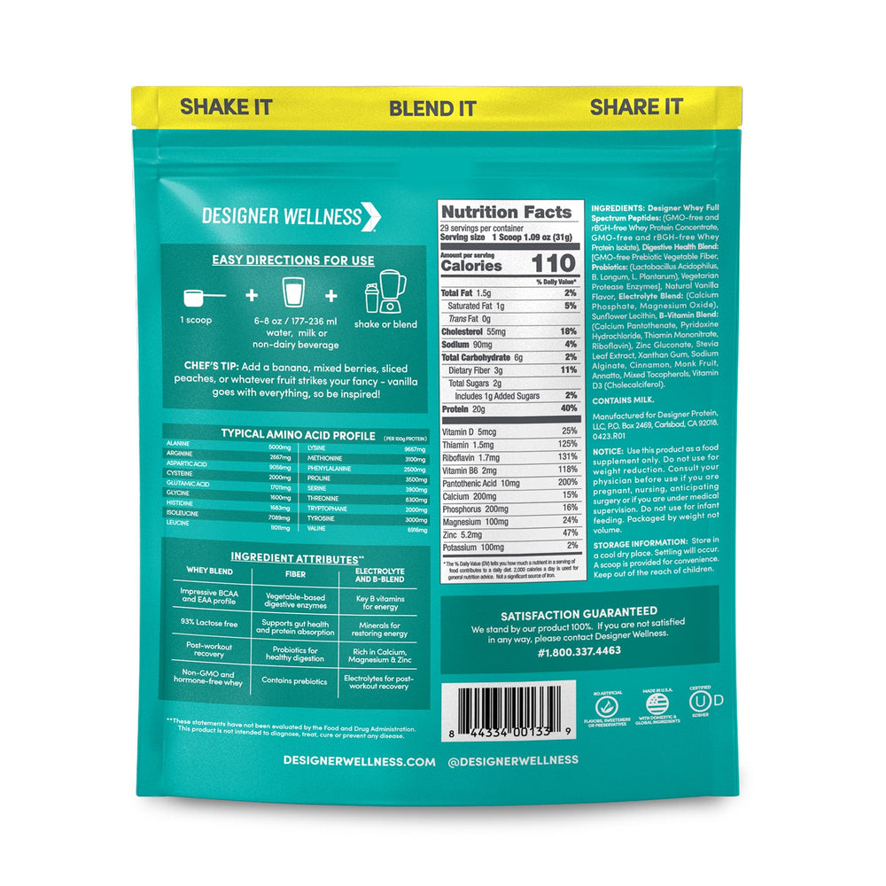 Designer Wellness Designer Whey pour into glass showing quick-mix convenience for post-workout recovery.