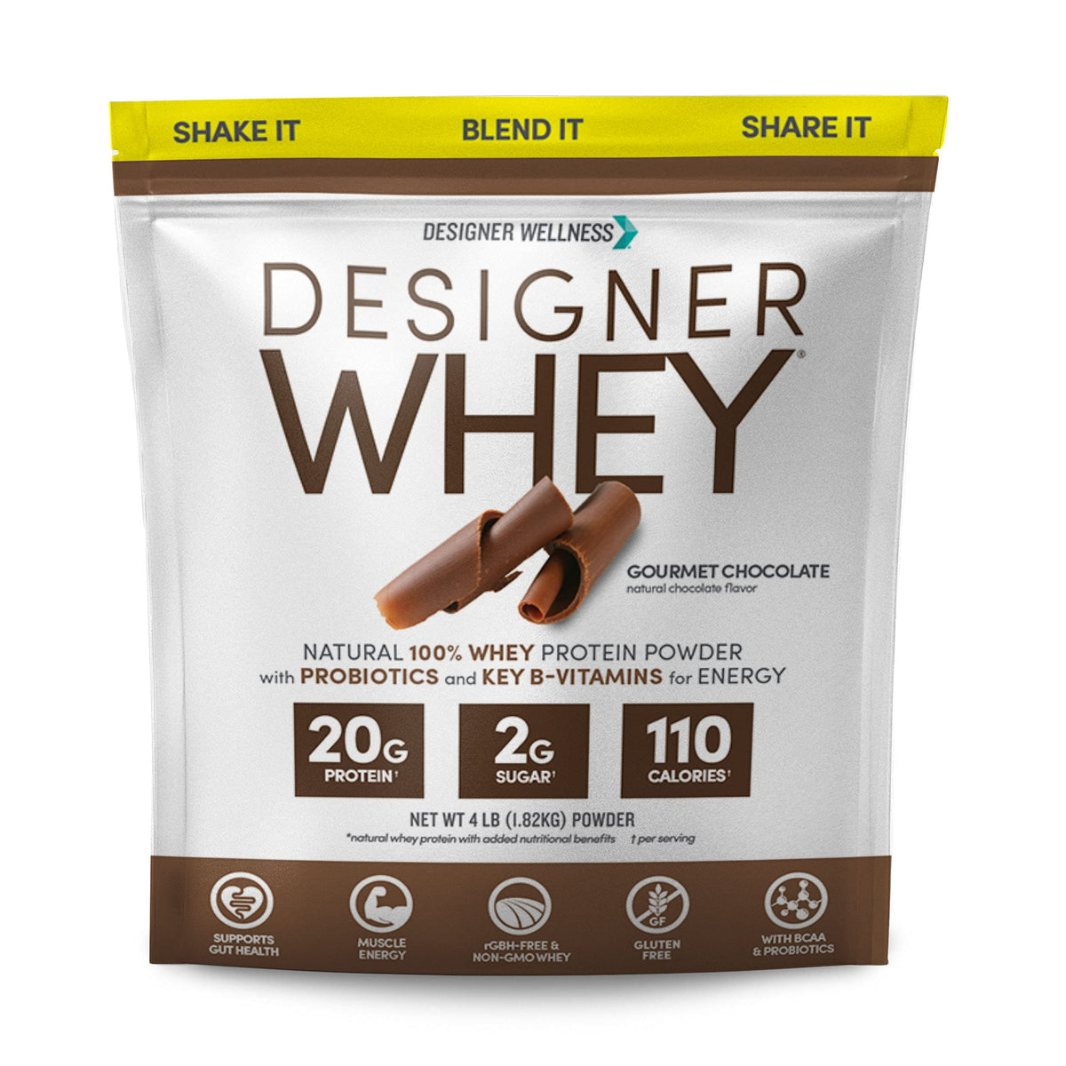 Designer Wellness Designer Whey tub front view showing protein-rich powder for workouts.
