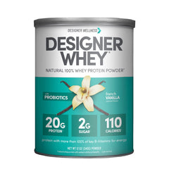Designer Wellness Designer Whey vanilla tub front showing protein for post-workout energy
