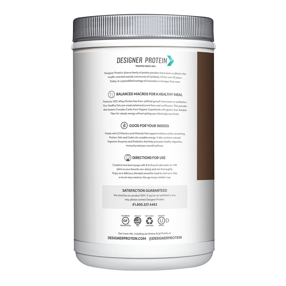 Designer Wellness milk chocolate flavor powder in a glass shows creamy, satisfying shake