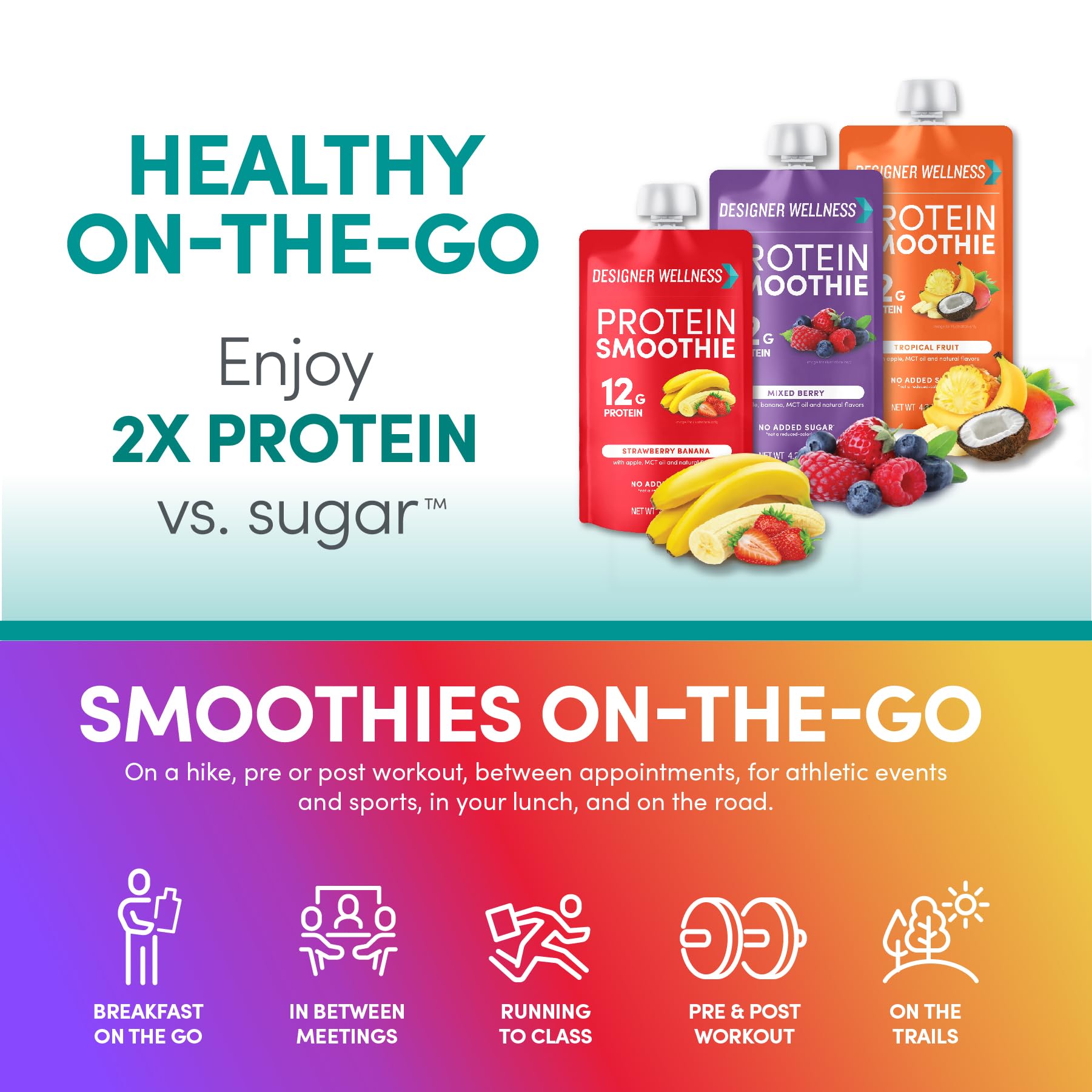 Designer Wellness Protein Smoothie on-the-go pouch for quick, refrigeration-free nutrition.