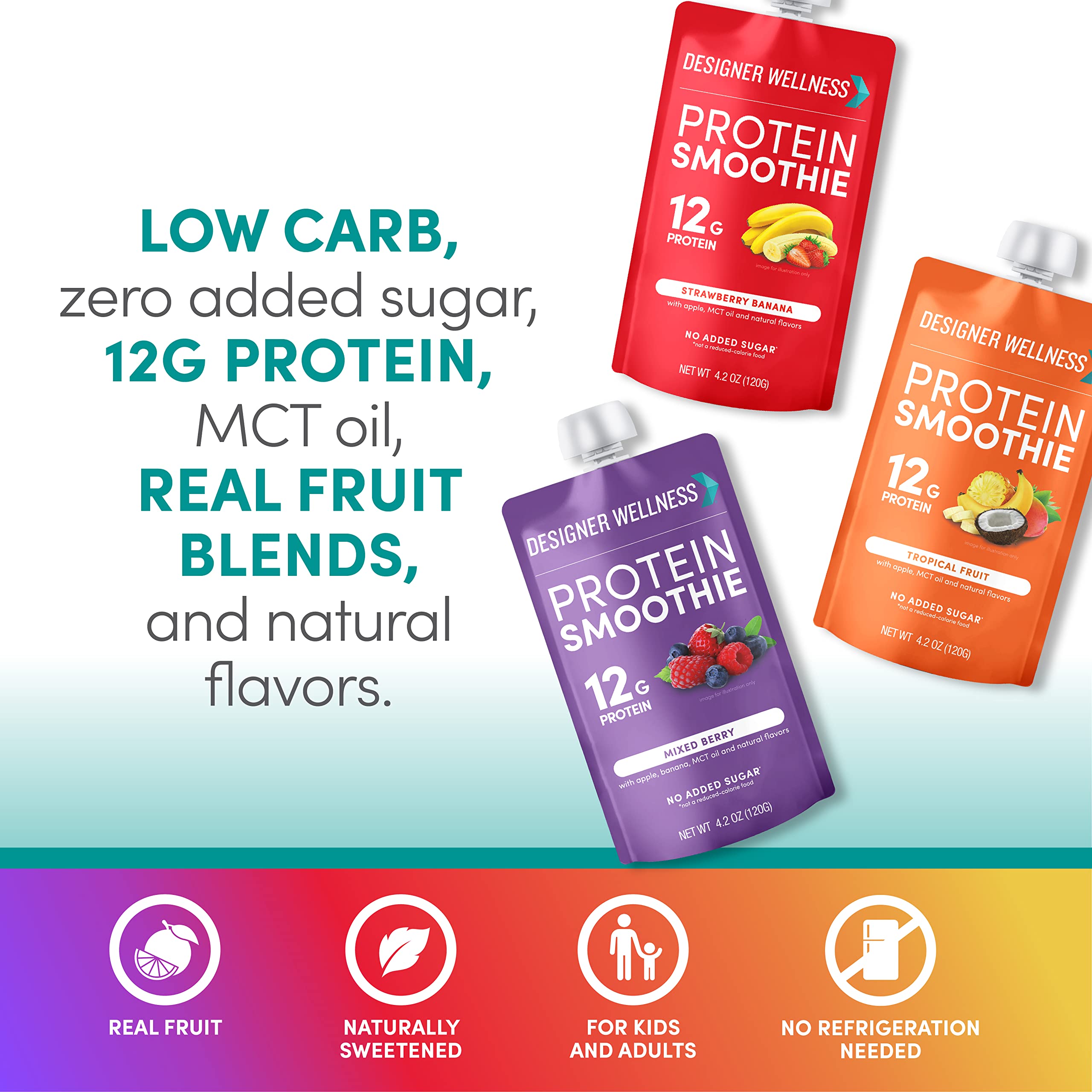 Designer Wellness Protein Smoothie strawberry pouch offers convenient healthy snack.