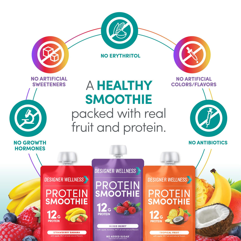 Designer Wellness Protein Smoothie vanilla-twist pouch with creamy texture.