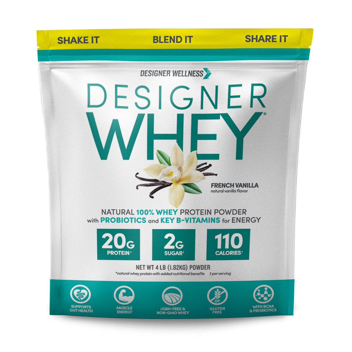 Designer Wellness Designer Whey bottle front with French Vanilla for post-workout energy