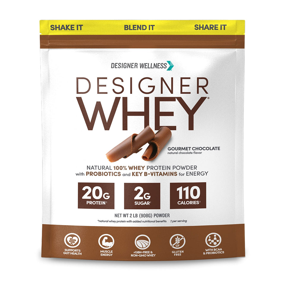 Designer Wellness Designer Whey bottle showcasing gourmet chocolate flavor.