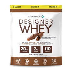 Designer Wellness Designer Whey bottle showcasing gourmet chocolate flavor.