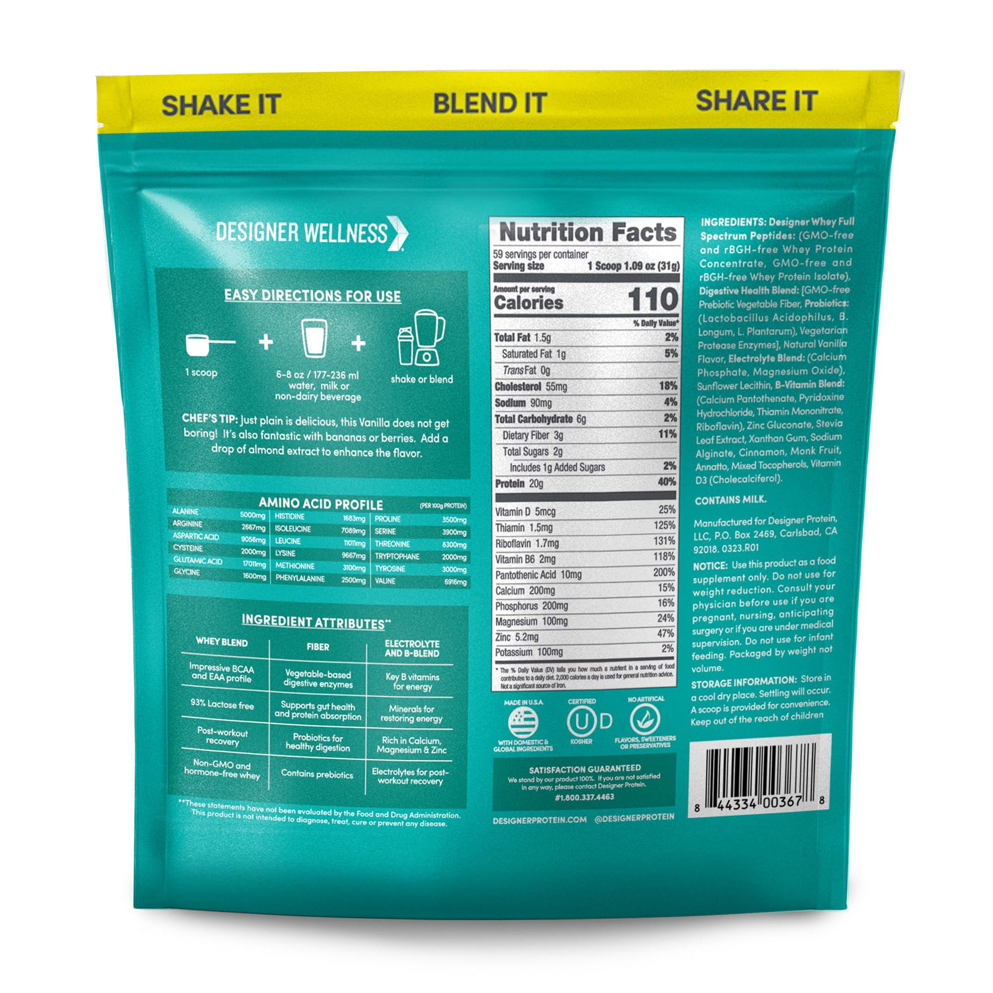 Designer Wellness Designer Whey bottle side view showing nutrition panel