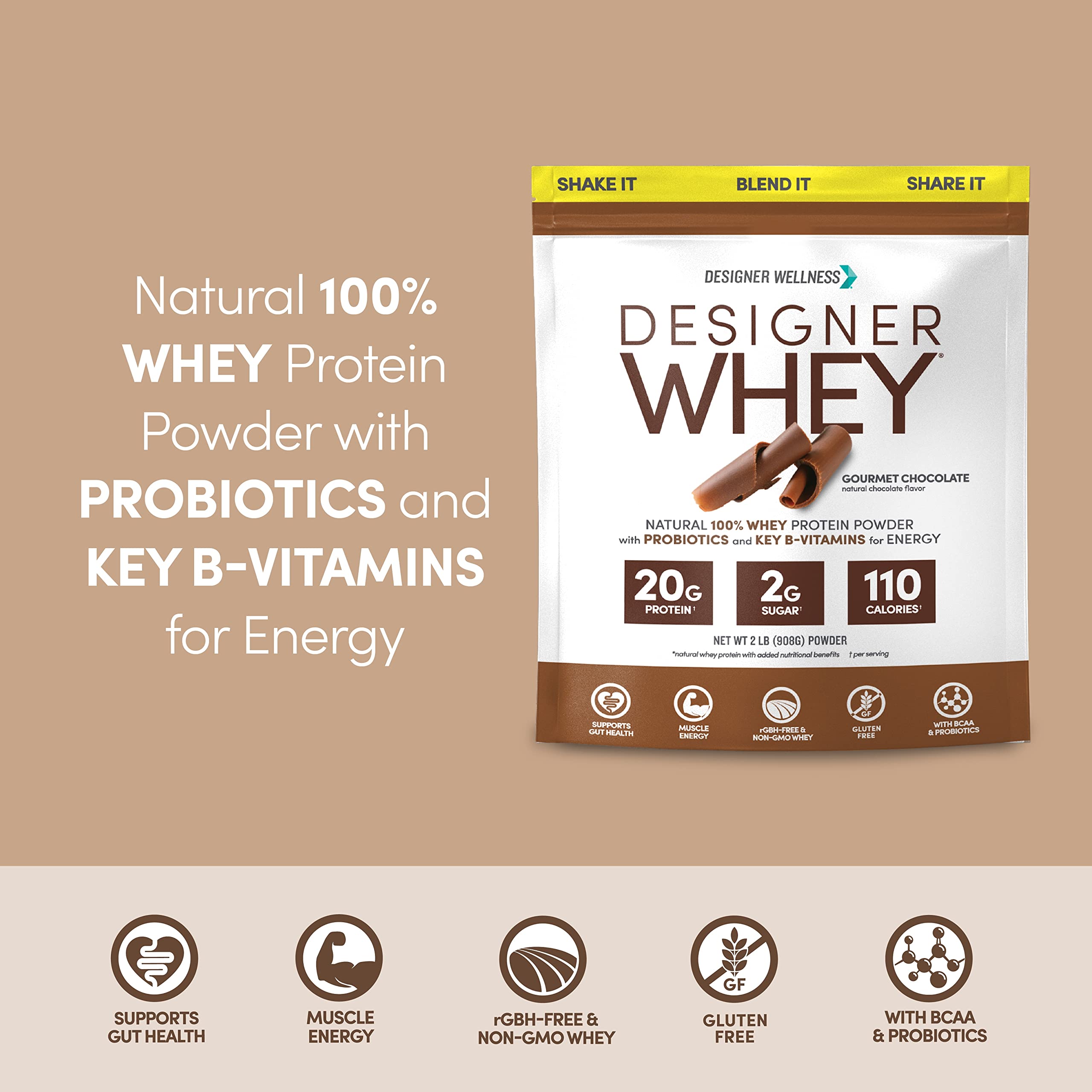 Designer Wellness Designer Whey powder being poured into a shaker.