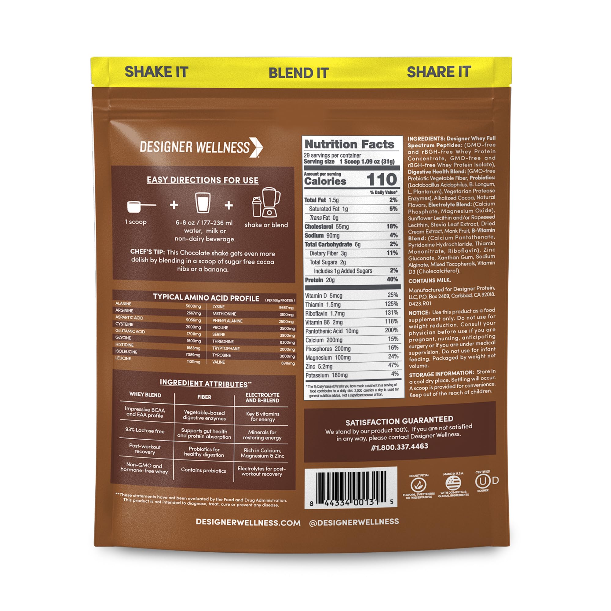 Designer Wellness Designer Whey probiotic fiber blend label highlighting gut support.