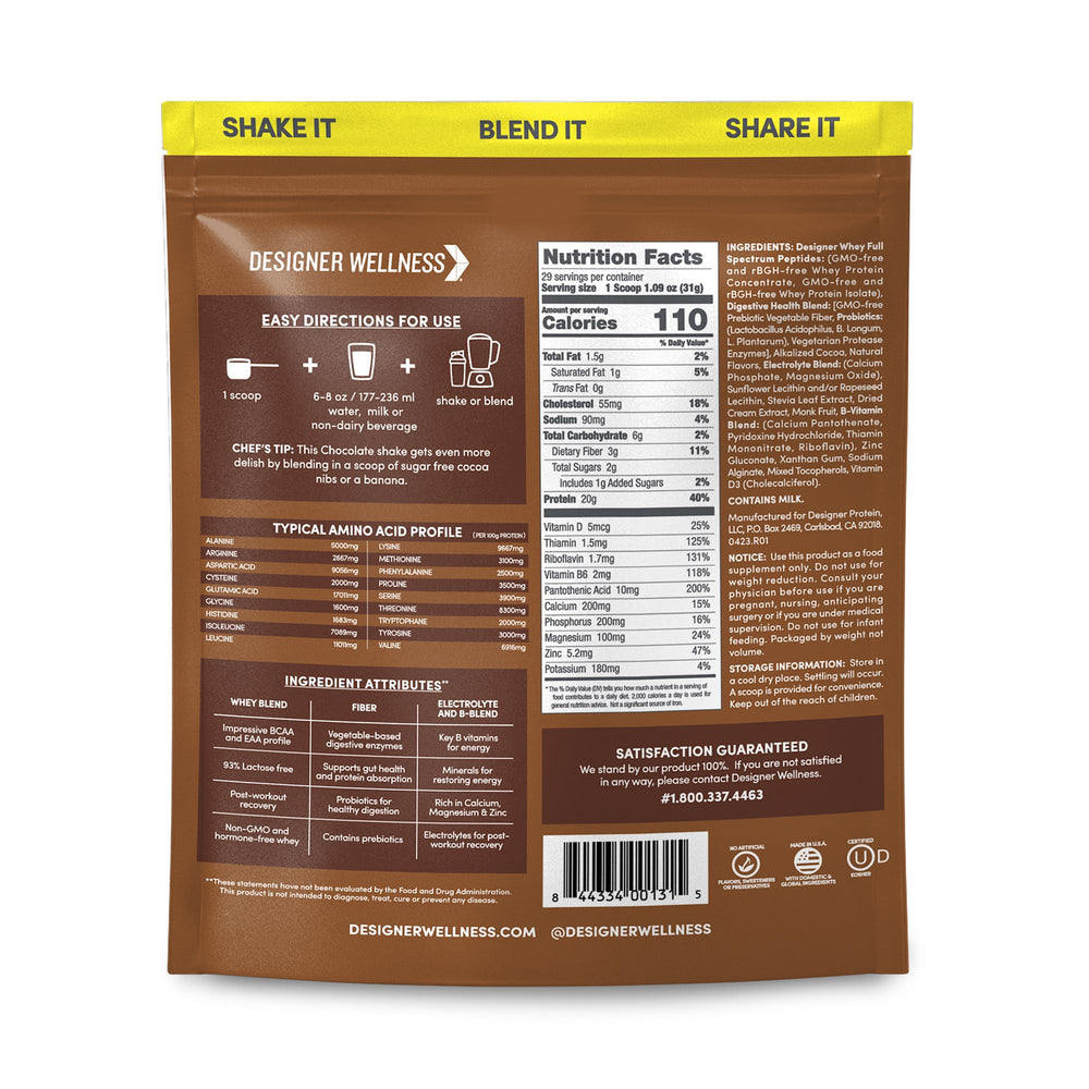 Designer Wellness Designer Whey probiotic fiber blend label highlighting gut support.