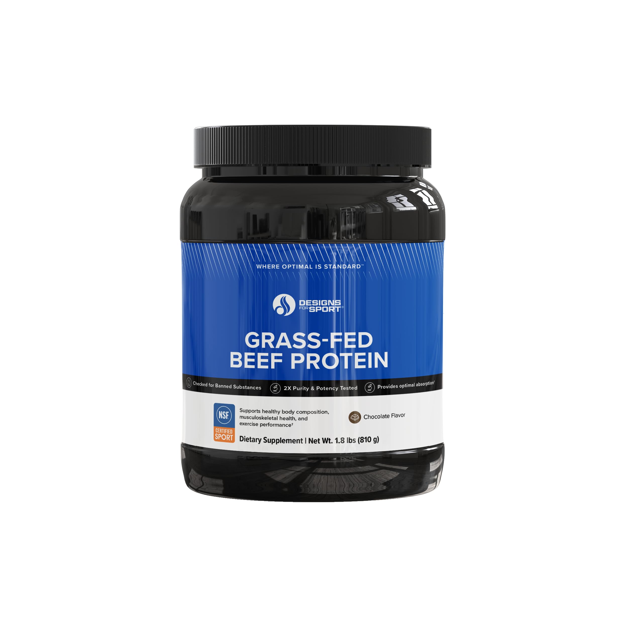 Designs for Sport beef protein powder chocolate bottle shows a dairy-free option for workouts