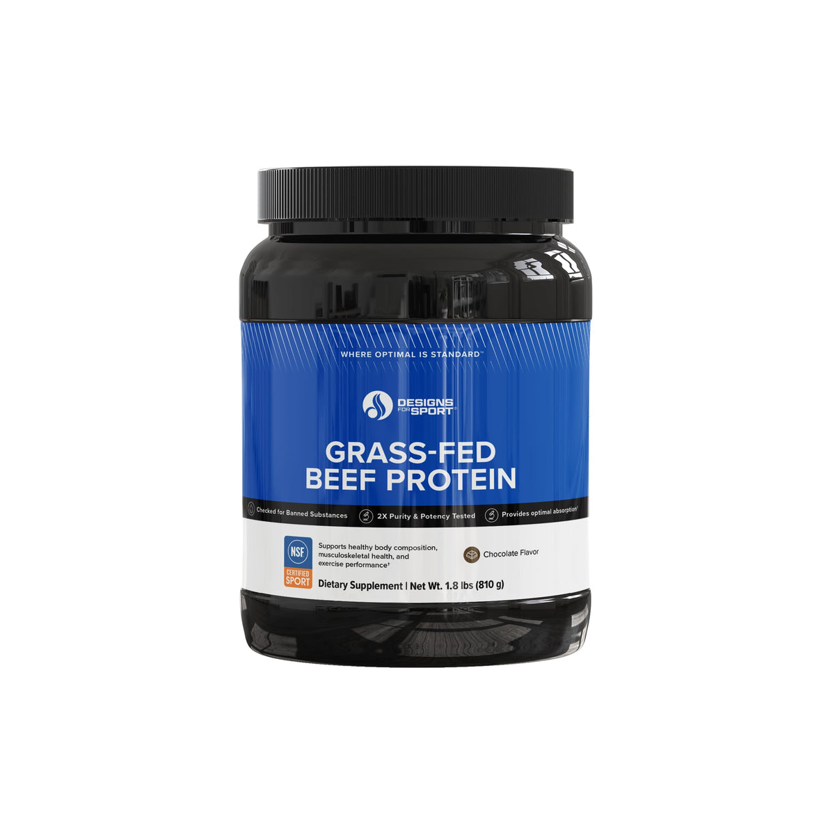 Designs for Sport beef protein powder chocolate bottle shows a dairy-free option for workouts