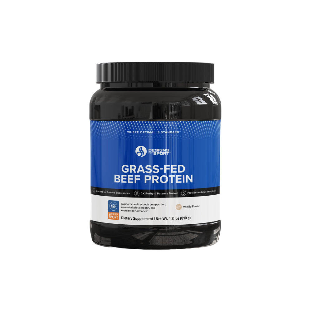 Designs for Sport beef protein powder vanilla tub illustrating creamy texture for post-workout recovery.