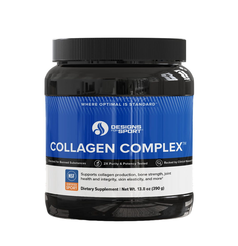 Designs for Sport Collagen Complex bottle shows NSF-certified formula for daily joint and skin support.