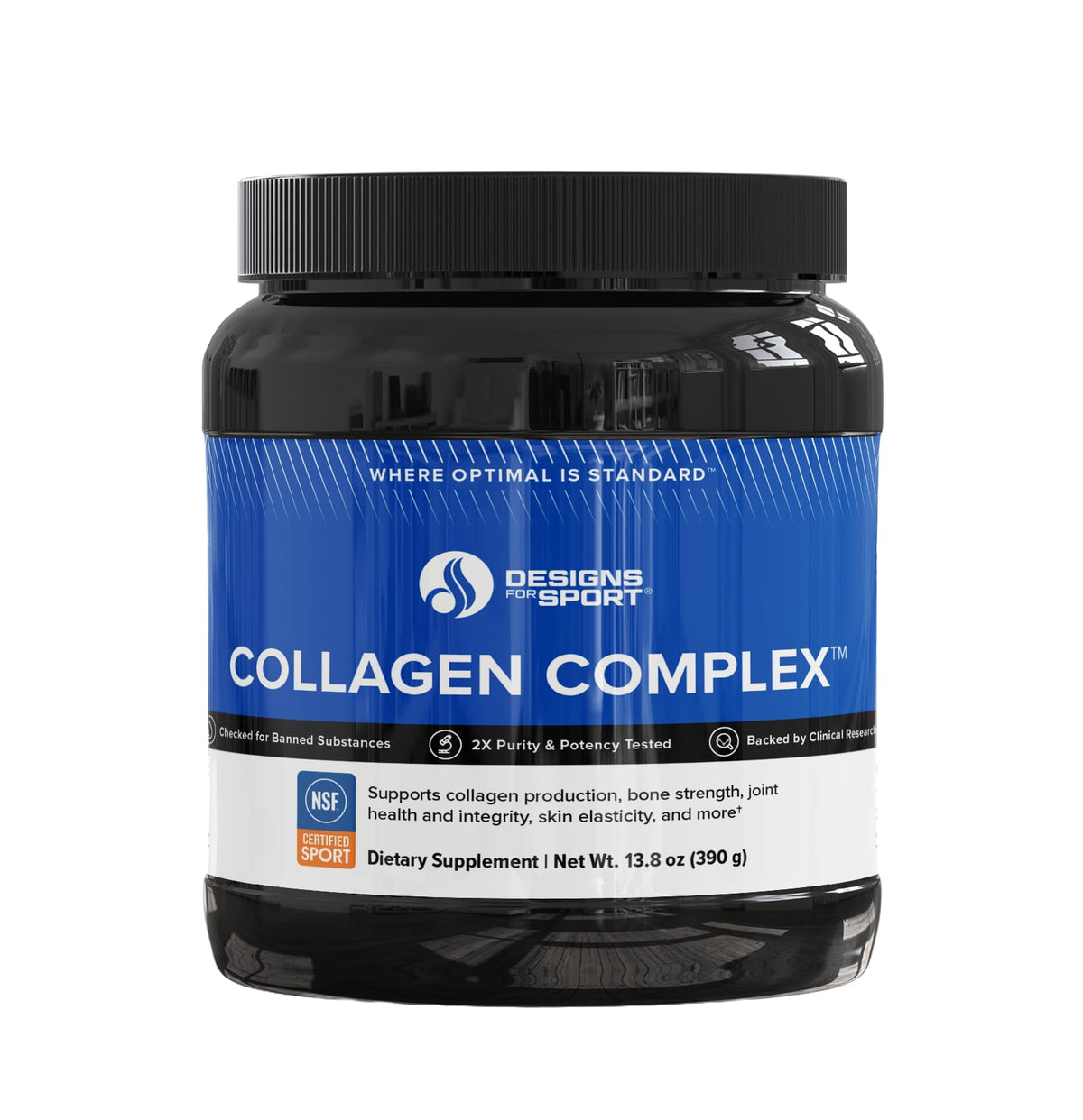 Designs for Sport Collagen Complex bottle shows NSF-certified formula for daily joint and skin support.