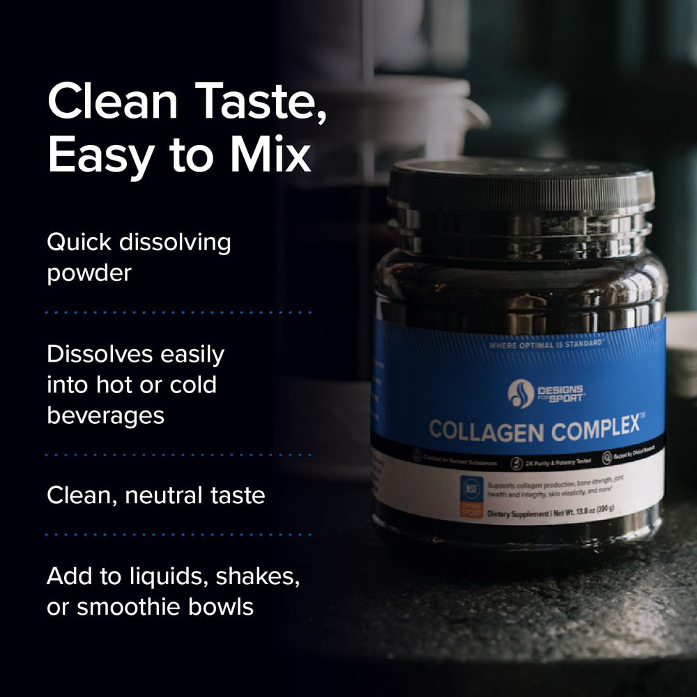 Designs for Sport Collagen Complex shake suggests easy integration into post‑workout routine.