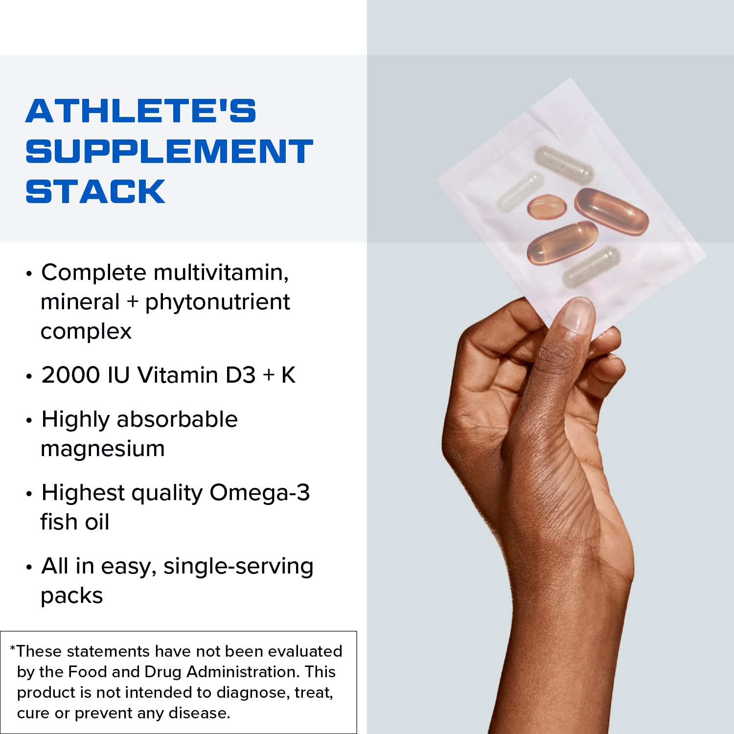 Designs for Sport daily pack closeup showing multivitamin, fish oil, and minerals for athletes