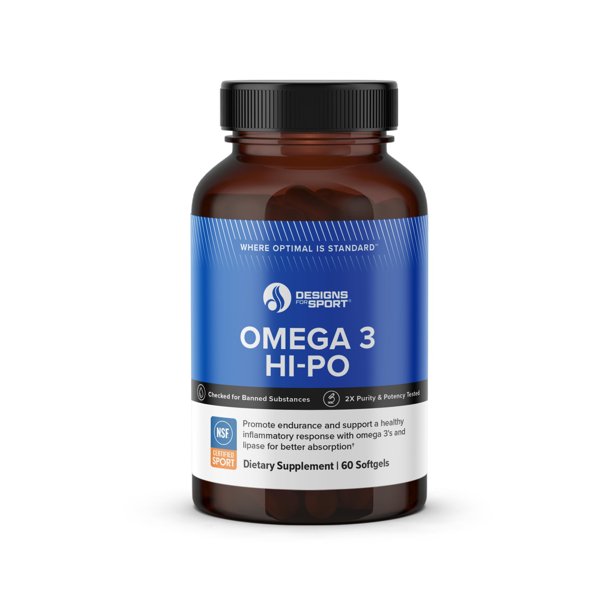 Designs for Sport Omega 3 HI-PO bottle front highlights high-potency omega-3 for daily support