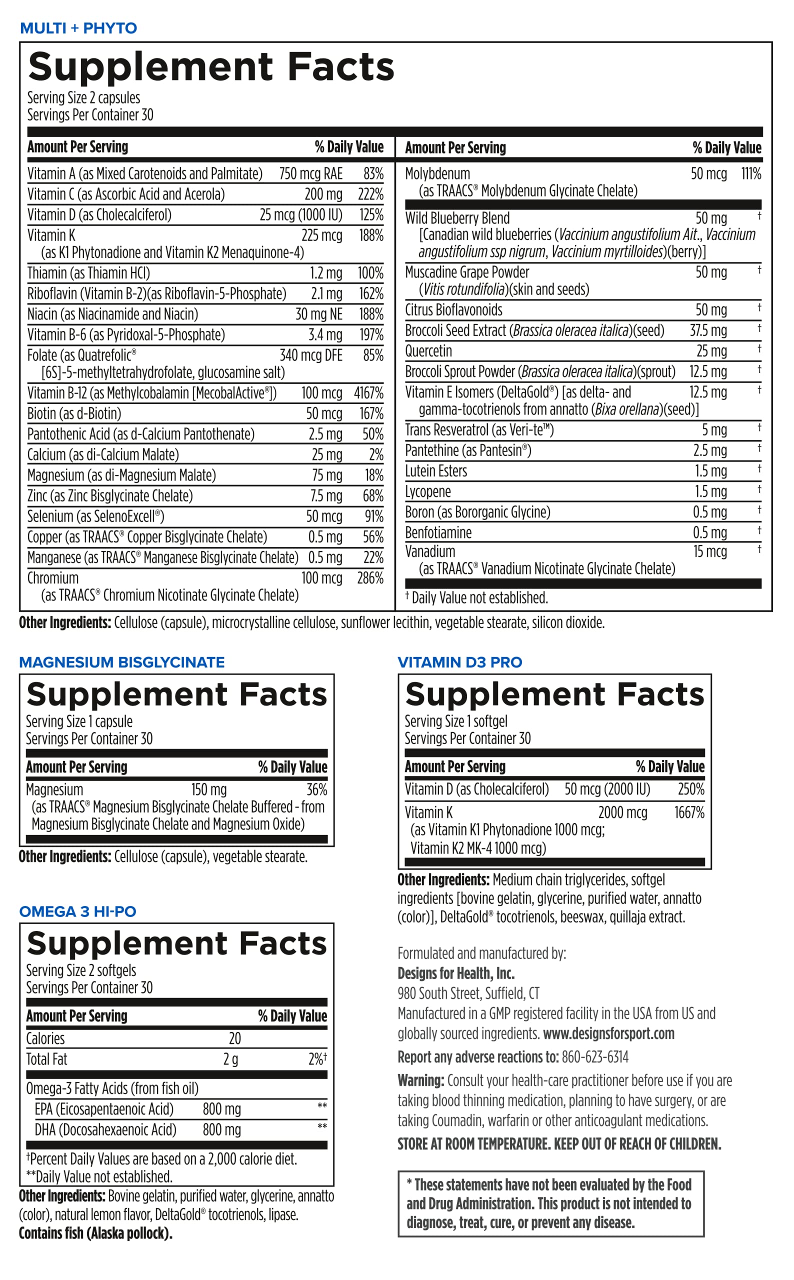 Designs for Sport phytonutrient-rich multivitamin blend highlighting wild blueberry and broccoli seed