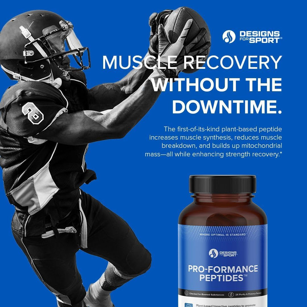 Designs for Sport Pro-Formance Peptides container with athlete training scene.