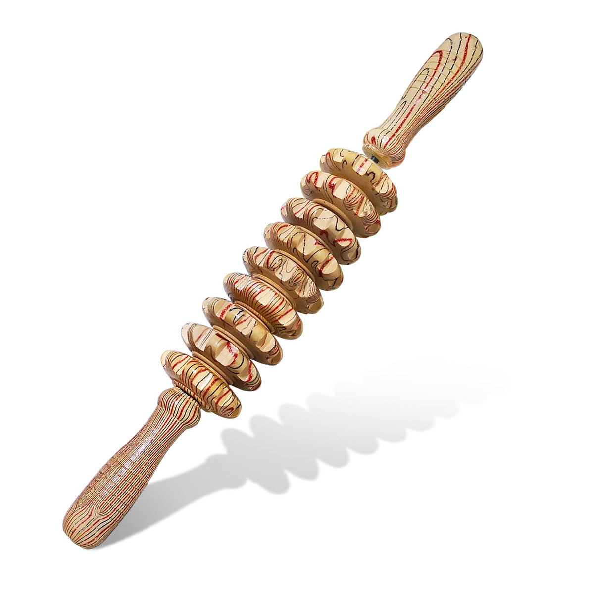 Deston wooden massager with nine rollers for deep tissue relief.