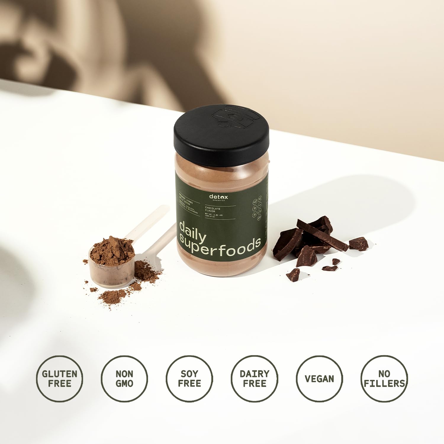 Detox Organics shaker with chocolate powder ready to mix a smoothie