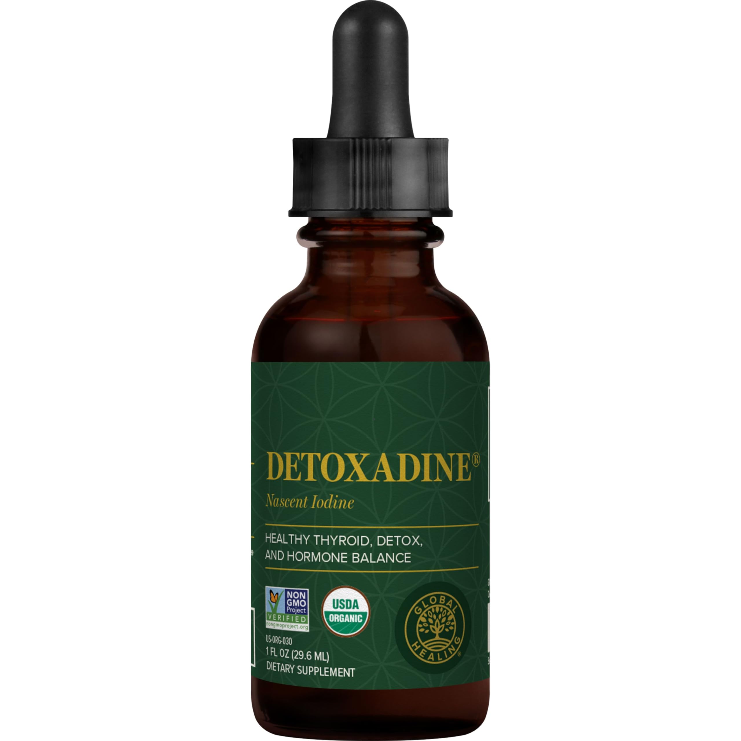 Global Healing Center Detoxadine bottle close-up highlighting organic iodine drops for thyroid support
