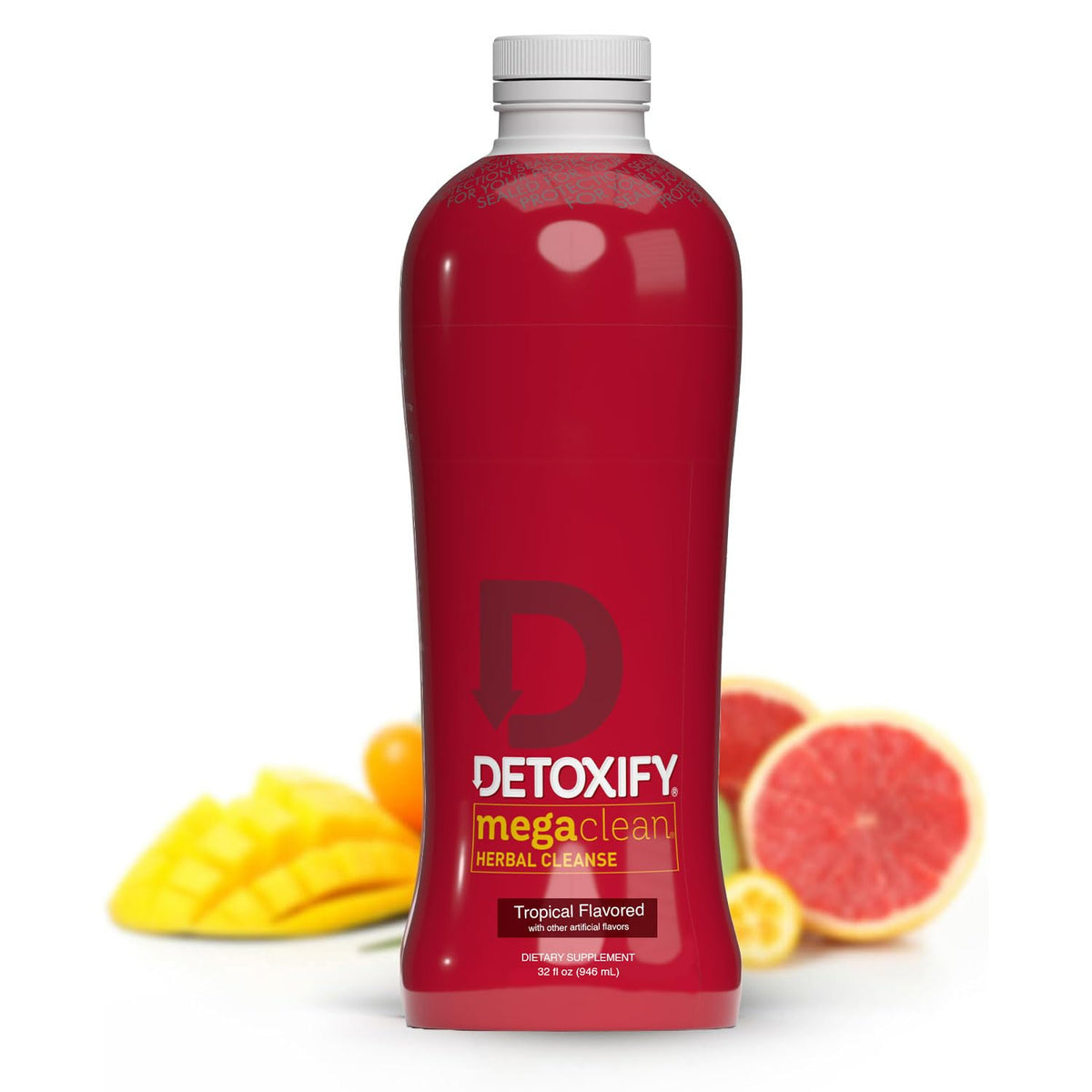 Detoxify Mega Clean bottle front view showing the herbal detox formula