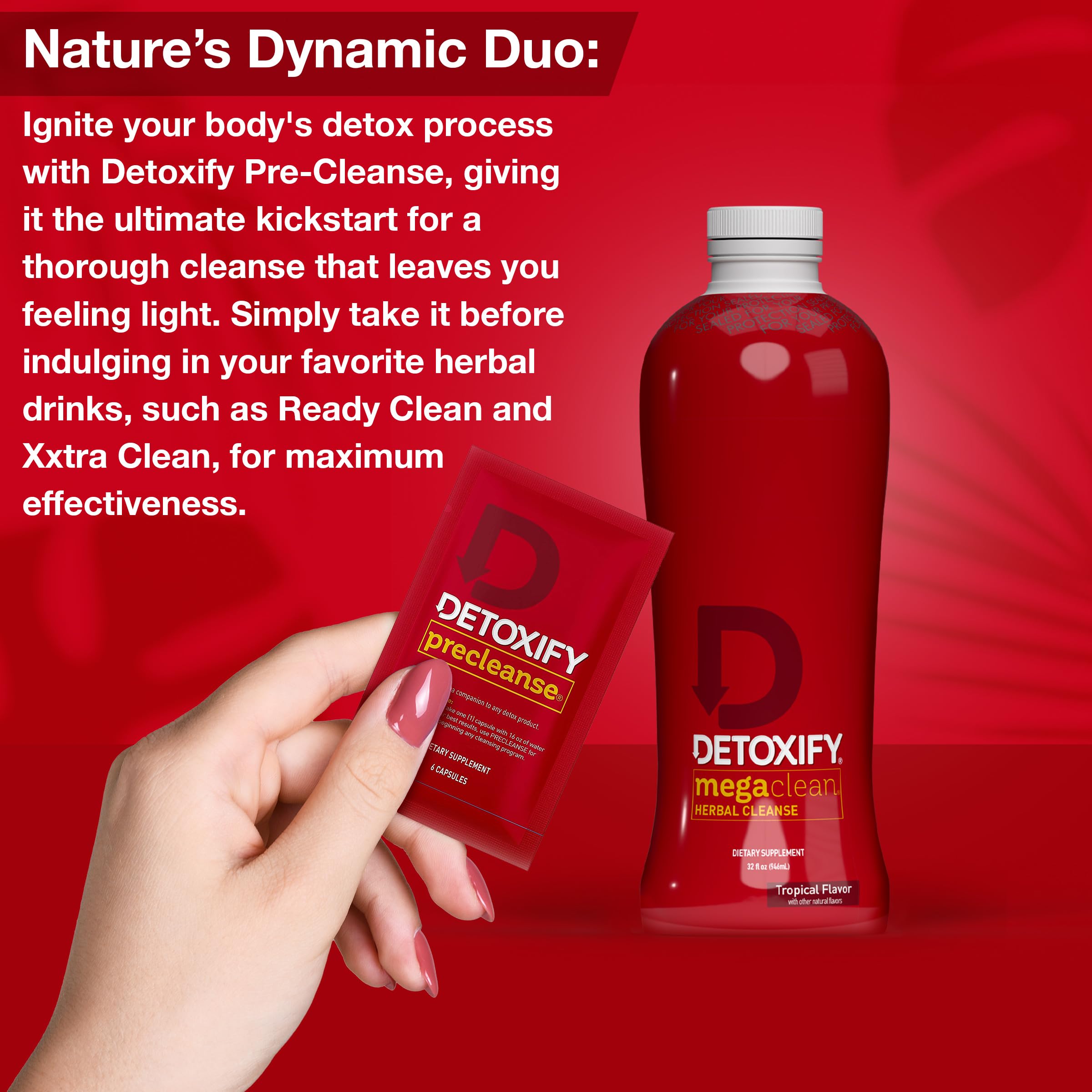 Detoxify Mega Clean tropical bottle label emphasizes natural detox ingredients for daily support.
