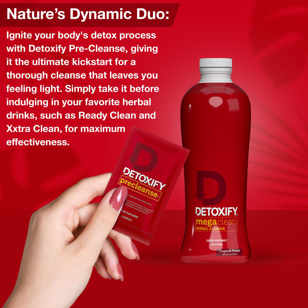 Detoxify Mega Clean tropical bottle label emphasizes natural detox ingredients for daily support.