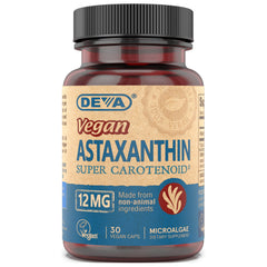 DEVA Astaxanthin 12mg bottle with vegan antioxidant capsules for daily wellness.