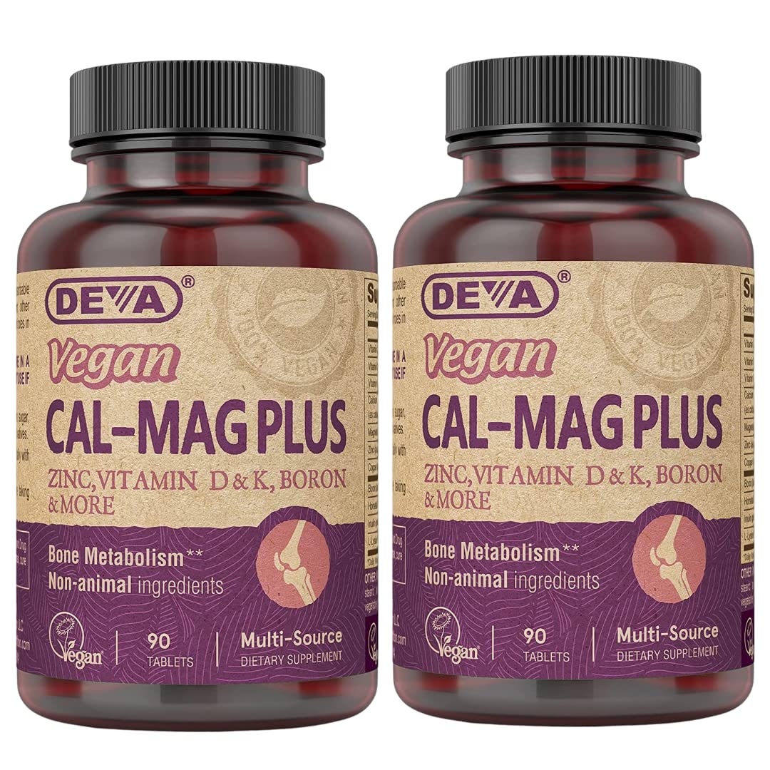 DEVA Calcium Magnesium Plus bottle shows vegan formula for bone support.
