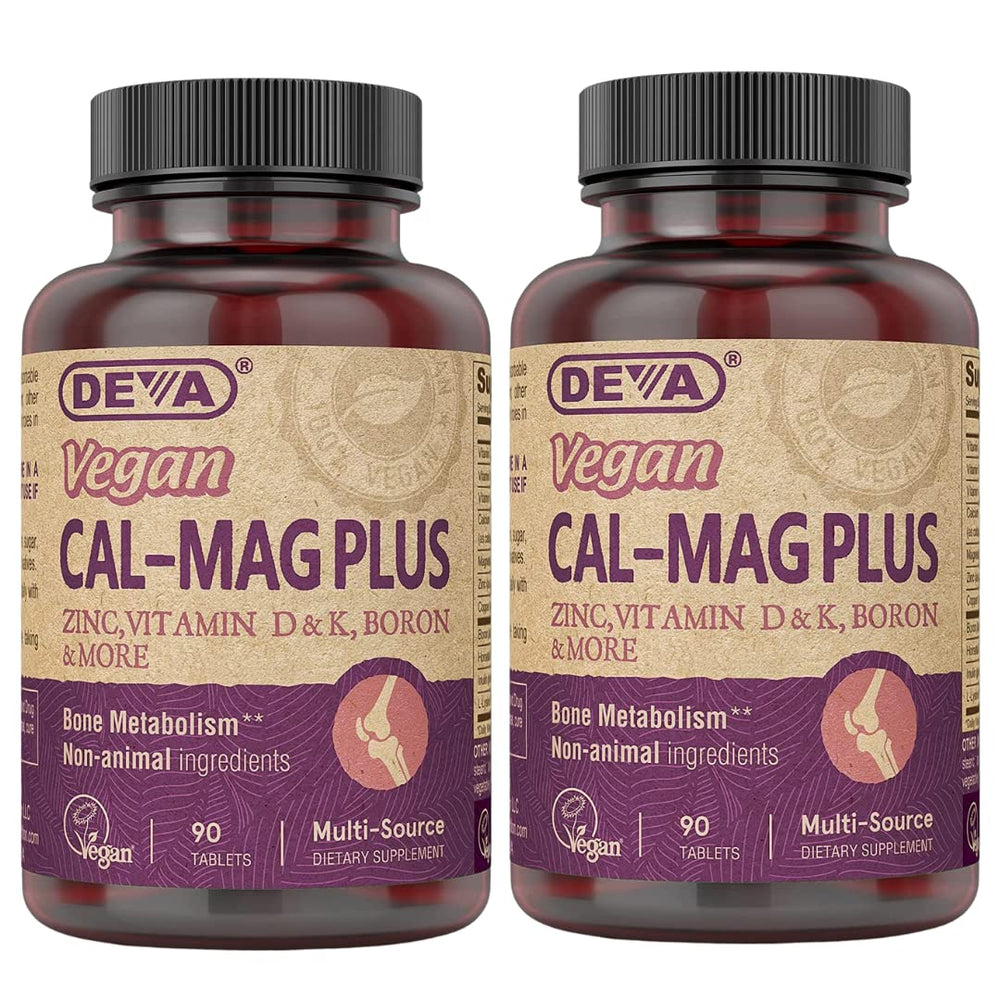 DEVA Calcium Magnesium Plus bottle shows vegan formula for bone support.