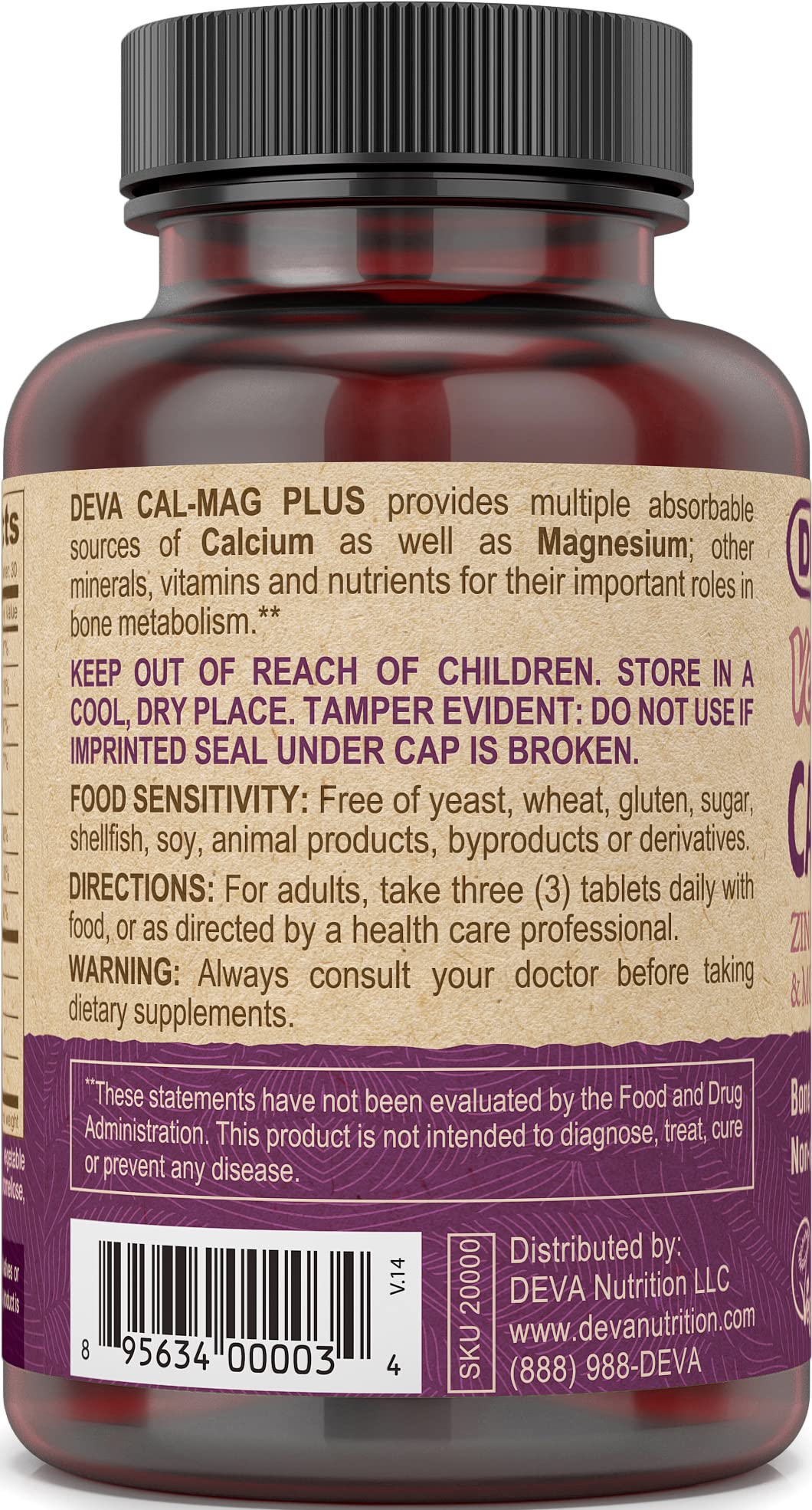 DEVA Calcium Magnesium Plus label highlights gluten-free and vegan features.
