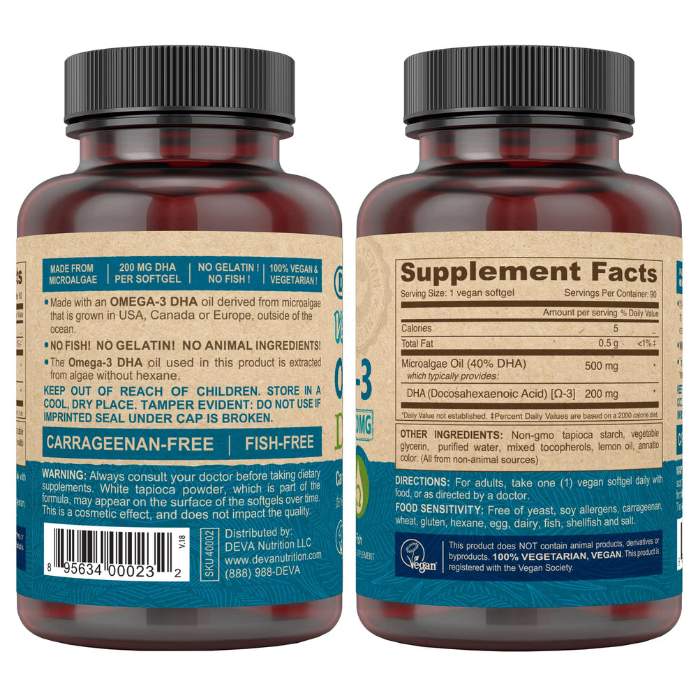 Close-up of DEVA DHA softgels pouring for easy daily supplementation.