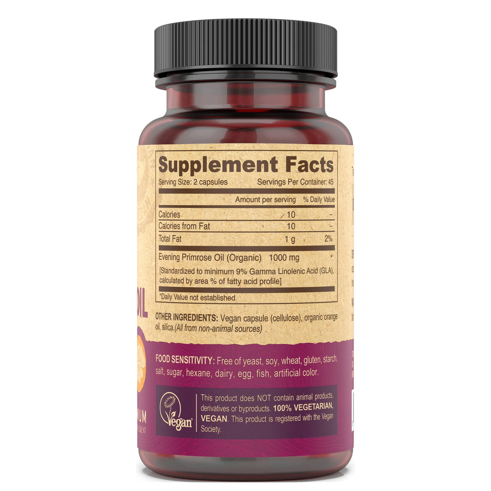 DEVA Evening Primrose Oil label highlights organic, unrefined, and vegan attributes.