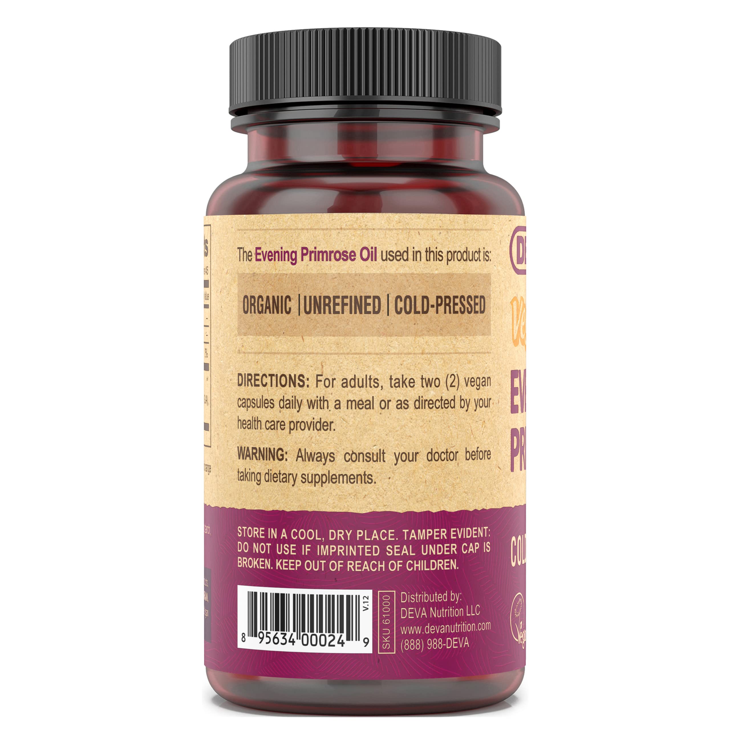 DEVA Evening Primrose Oil packaging features sustainable, plant-based capsules.