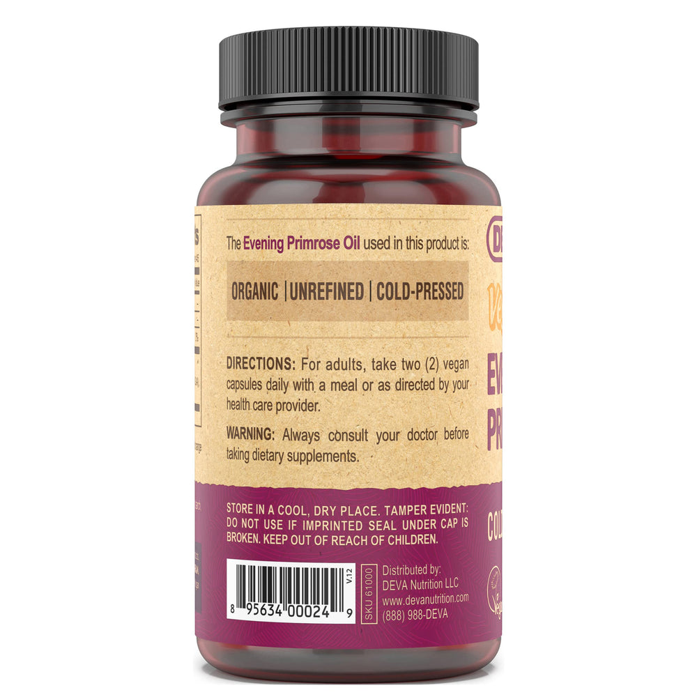 DEVA Evening Primrose Oil packaging features sustainable, plant-based capsules.