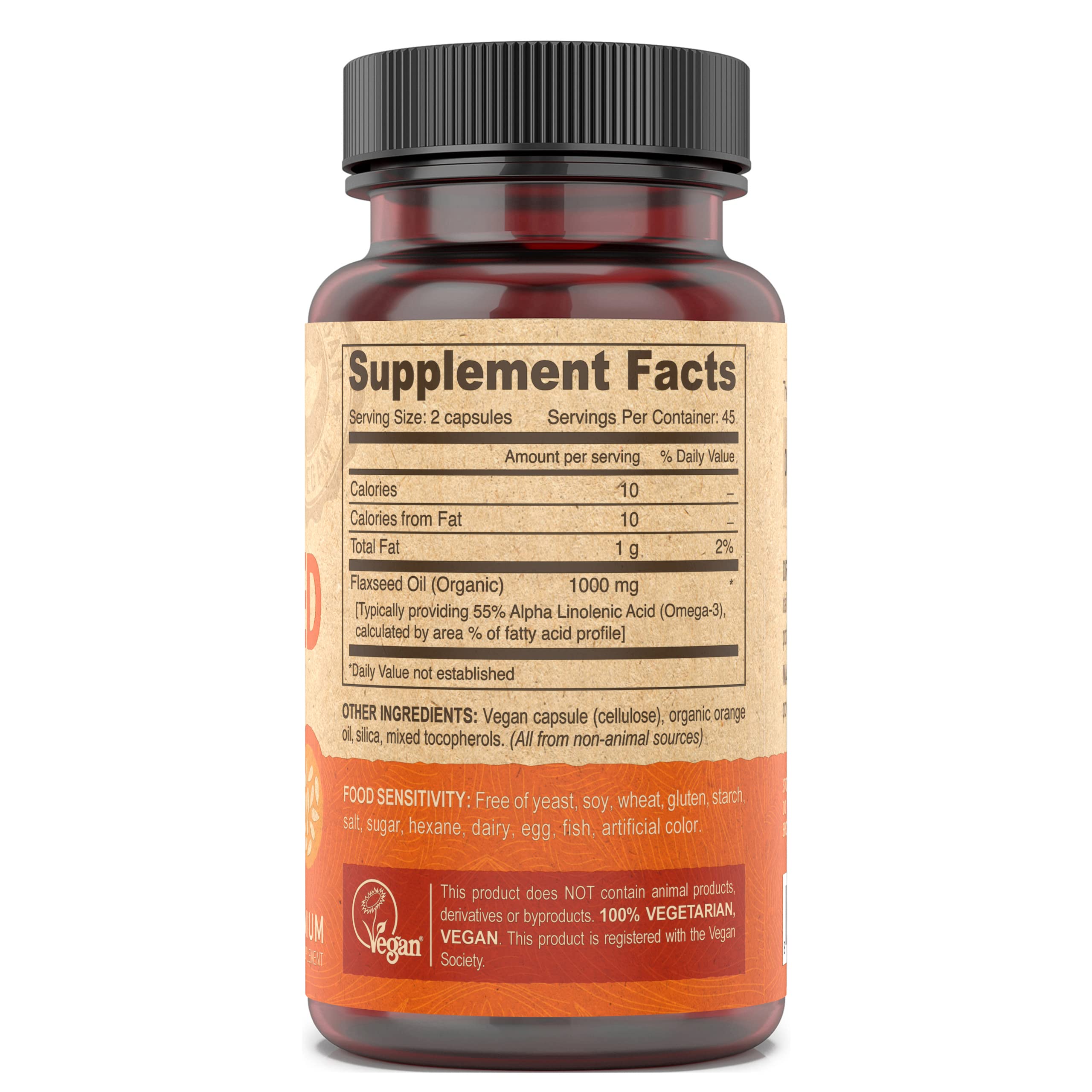 DEVA Flaxseed Oil capsules in bottle with package, cold-pressed, unrefined omega-3