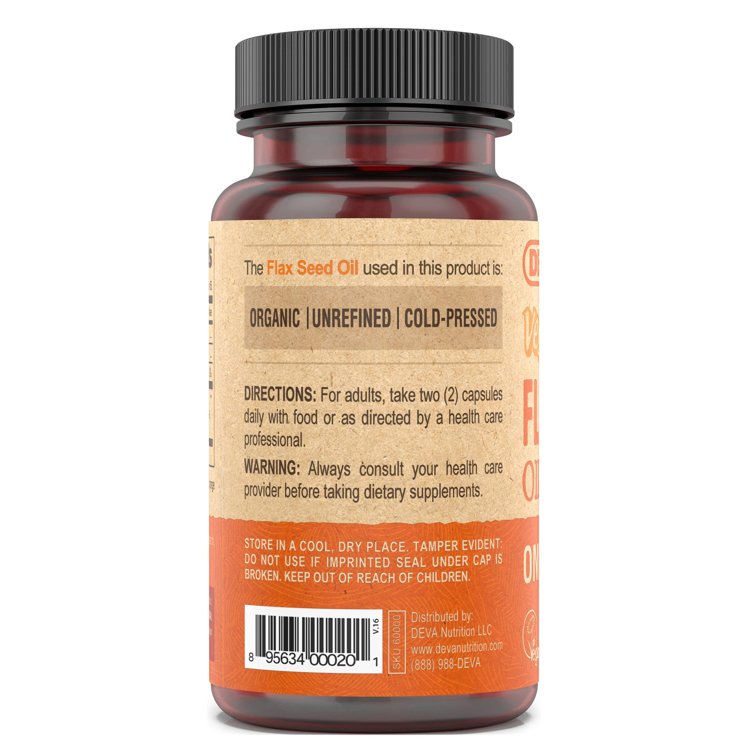 DEVA Flaxseed Oil label close-up, vegan omega-3 benefits and cold-pressed quality