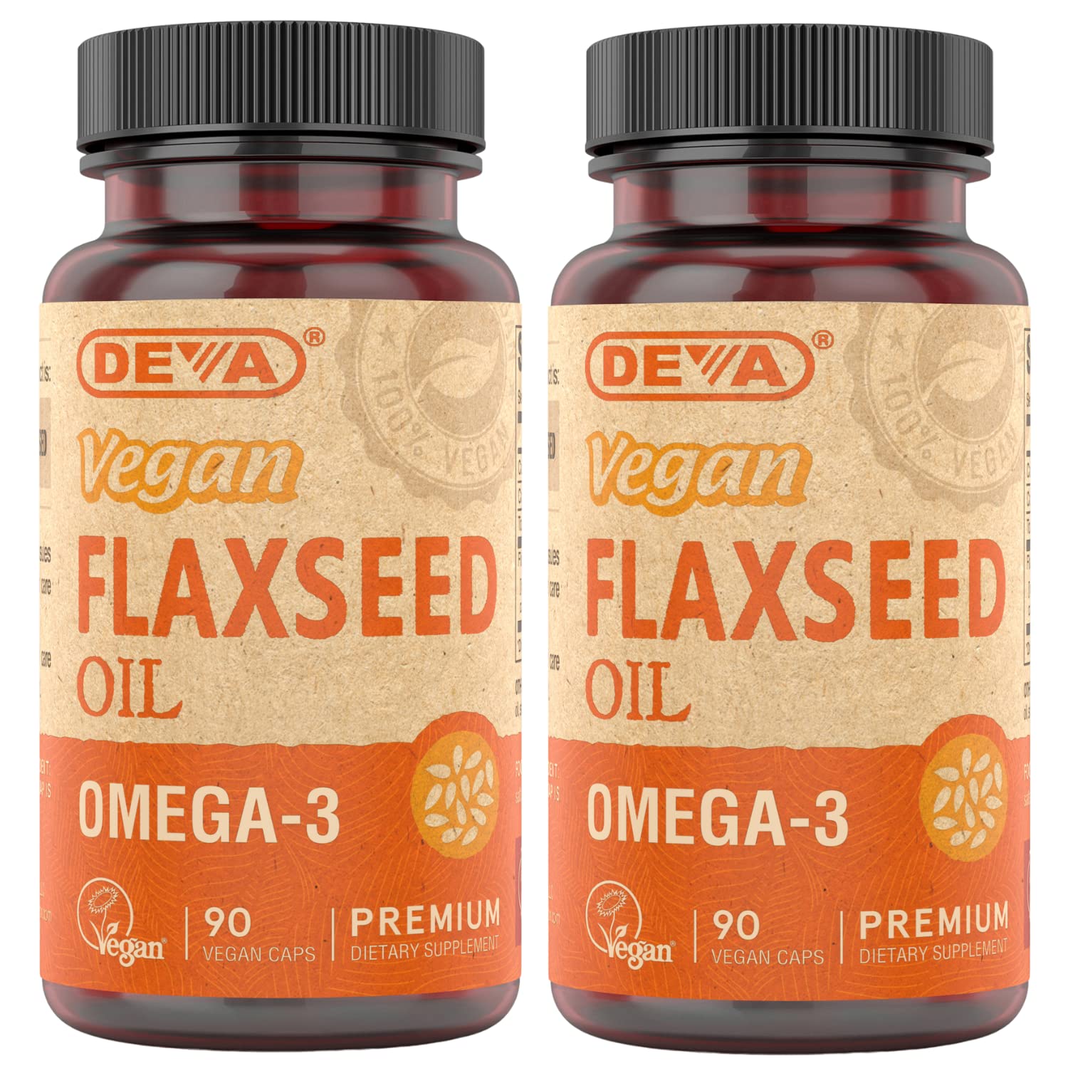 DEVA Flaxseed Oil capsules, side view, convenient vegan omega-3 source for daily wellness