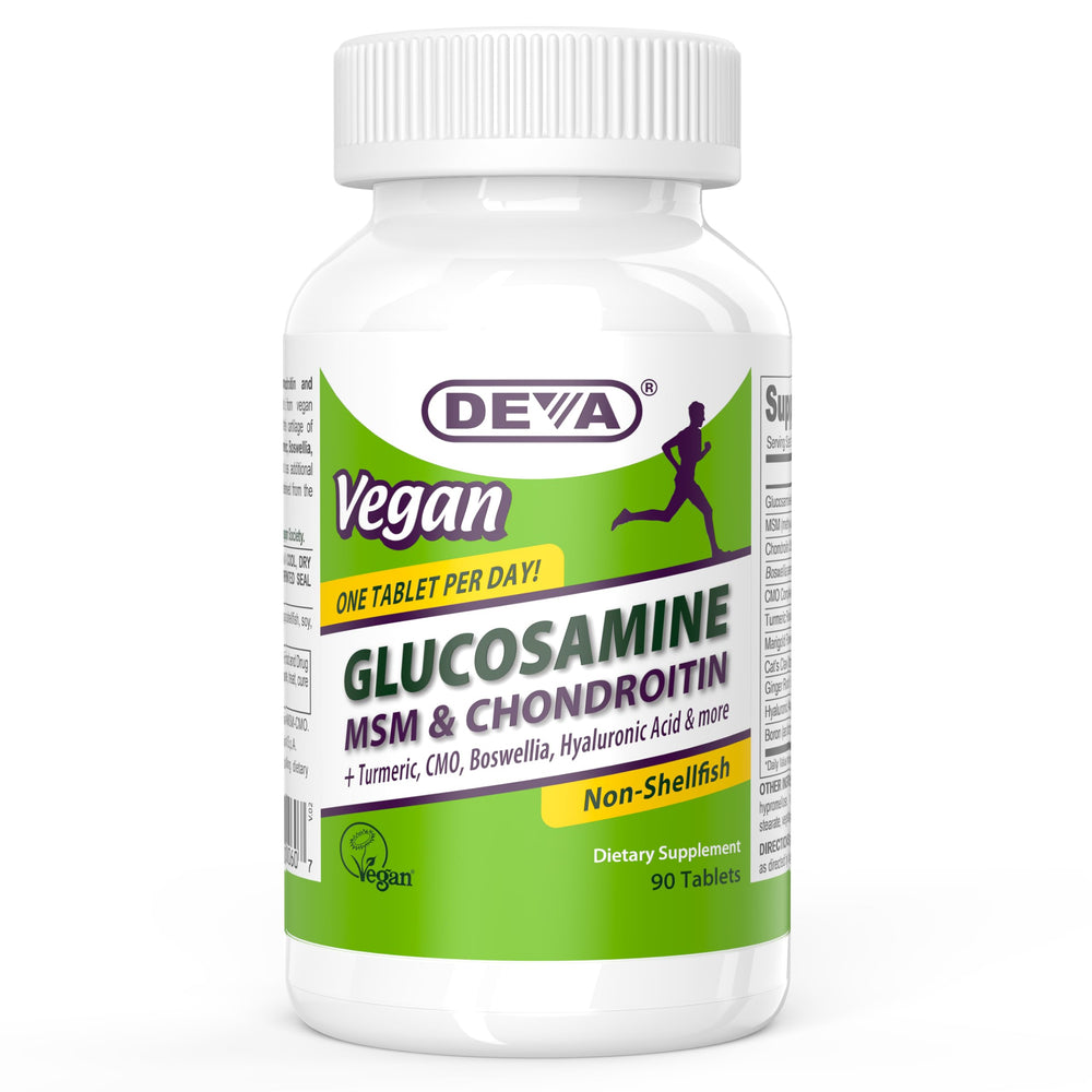 DEVA vegan glucosamine MSM & Chondroitin bottle showing shellfish-free joint support.
