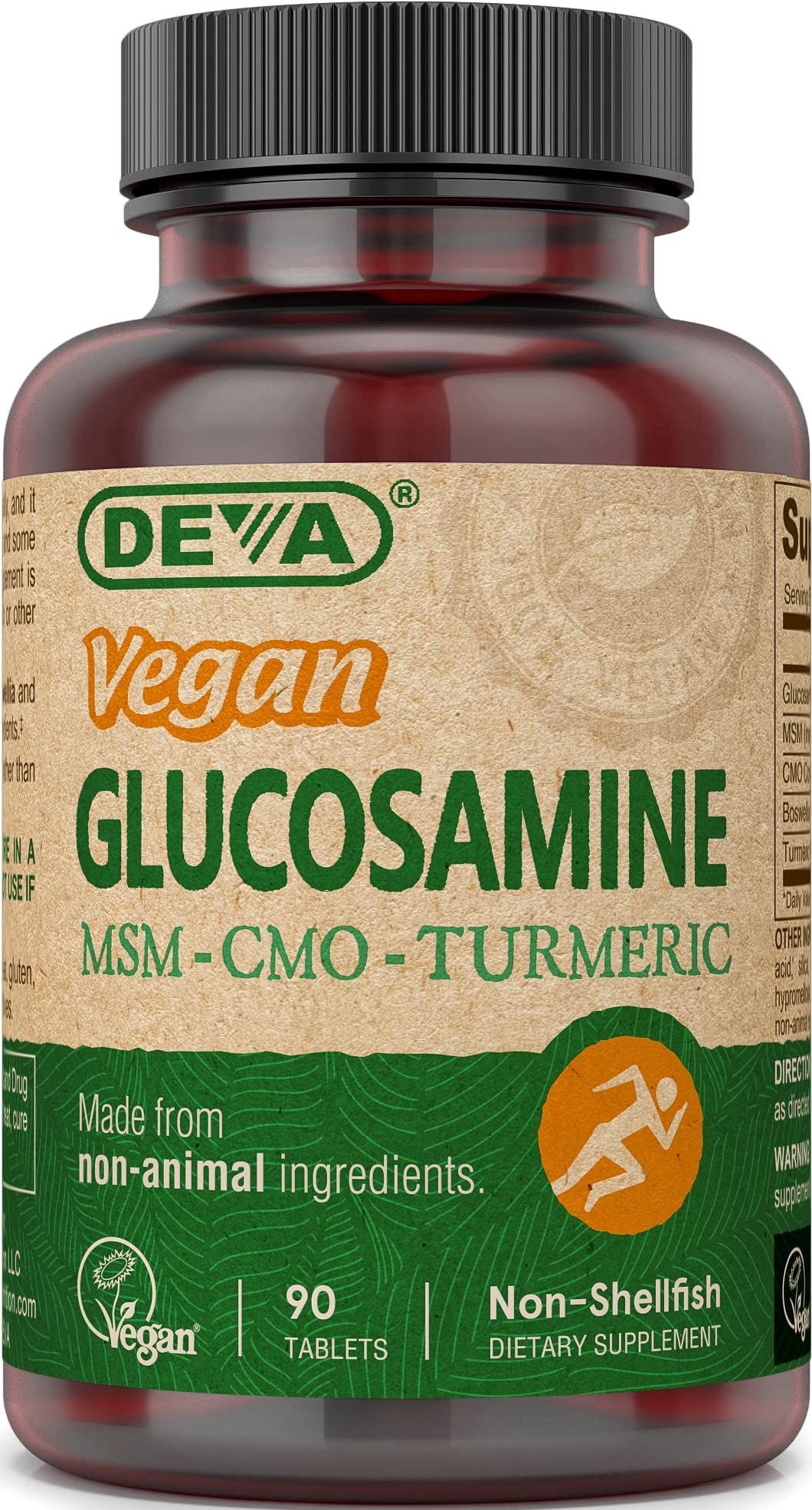 DEVA Glucosamine-MSM-CMO packaging showing vegan formula for joints