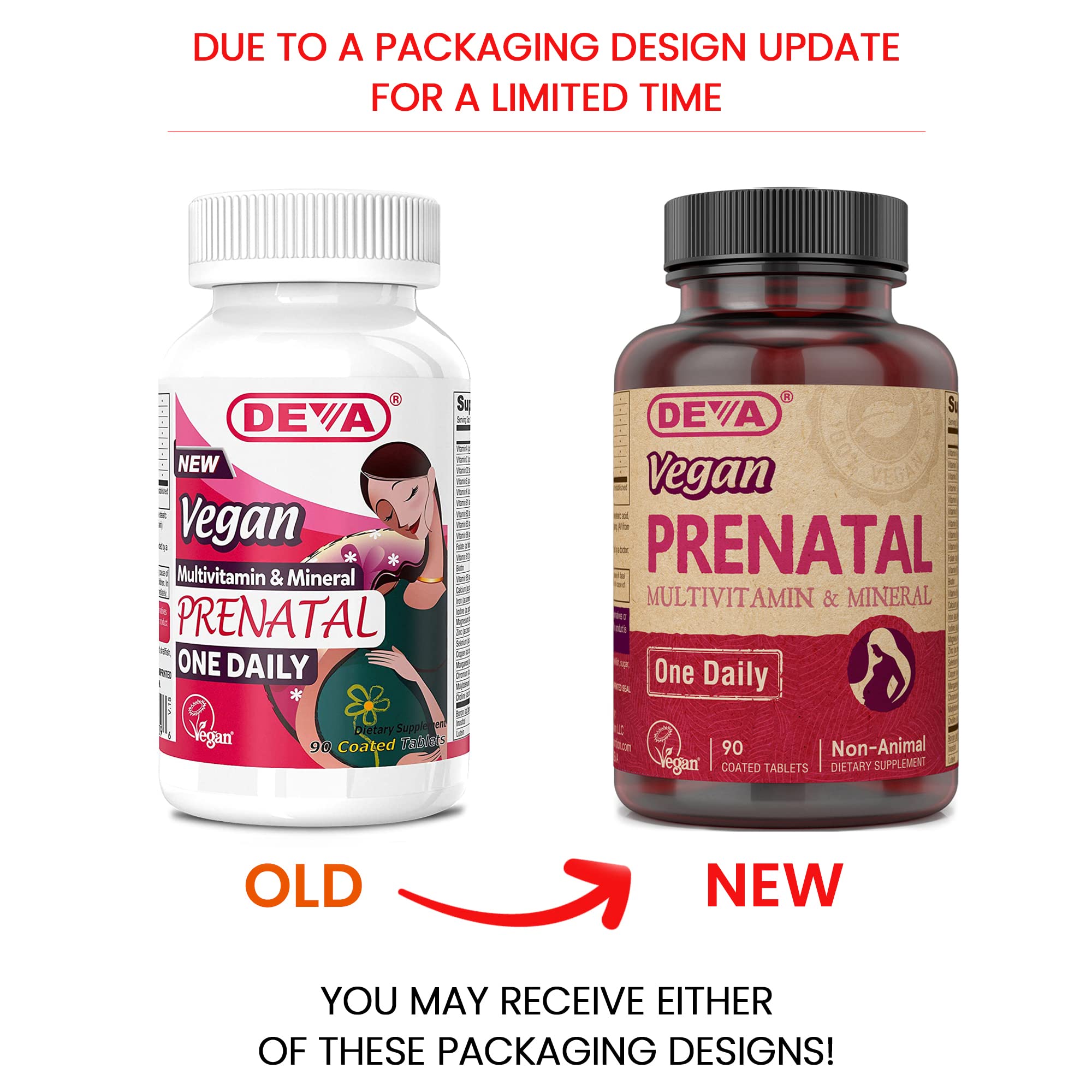 DEVA Prenatal bottle back label shows vegan ingredients and dosage.
