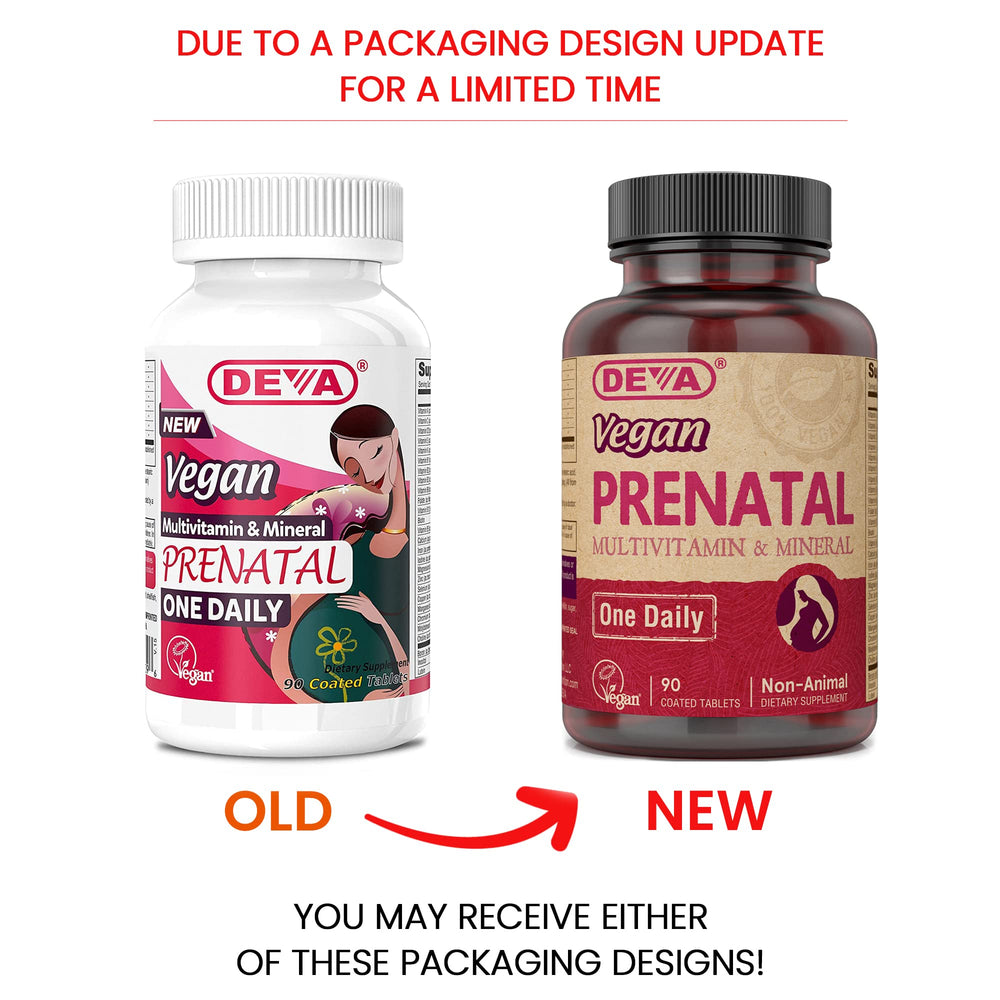 DEVA Prenatal bottle back label shows vegan ingredients and dosage.
