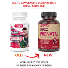 DEVA Prenatal bottle back label shows vegan ingredients and dosage.