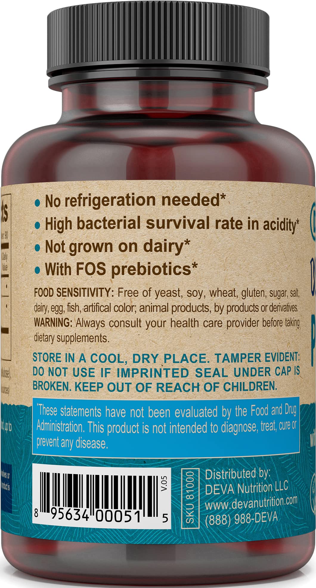 DEVA probiotic capsule close-up highlighting vegan production.