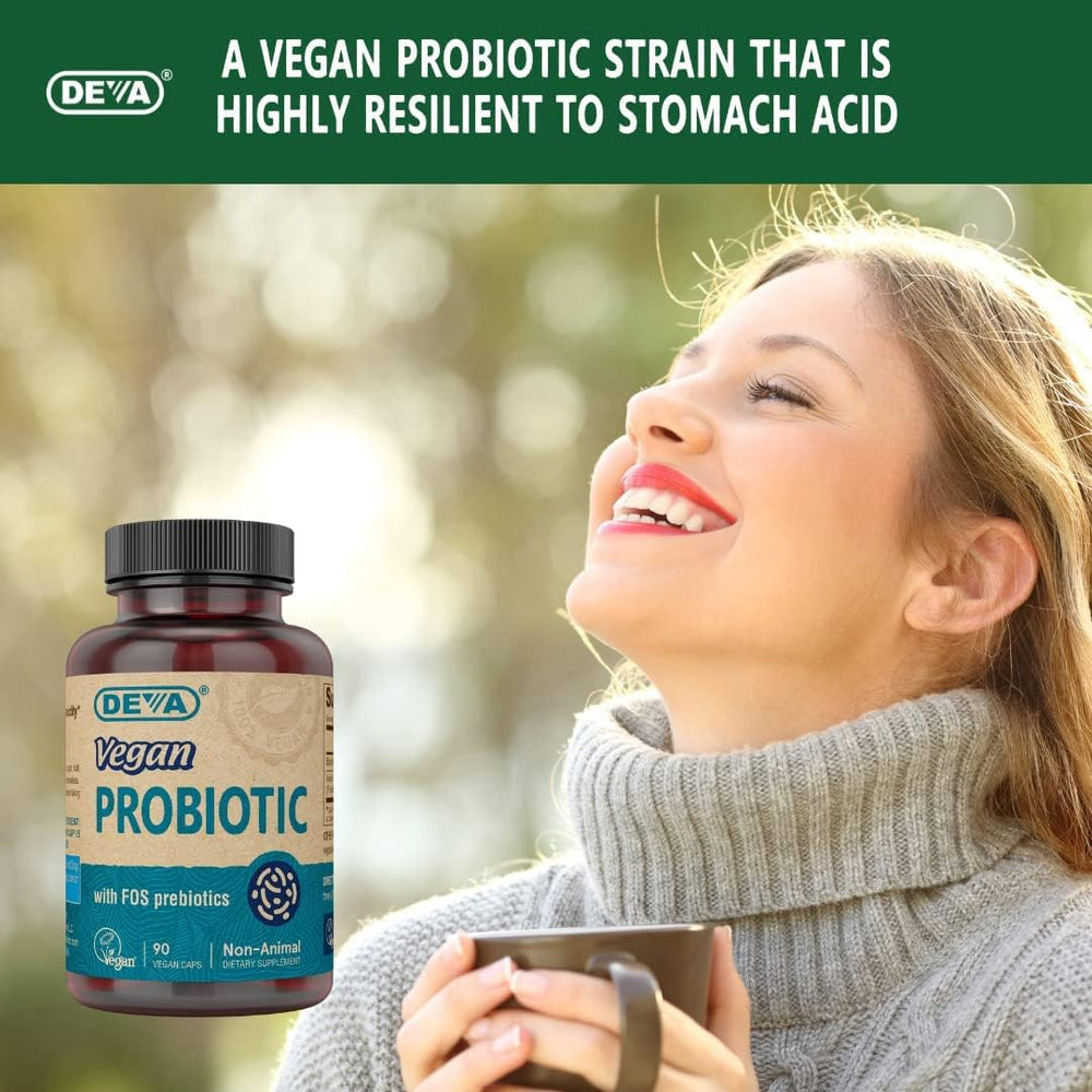 DEVA probiotic packaging highlights FOS prebiotics addition.