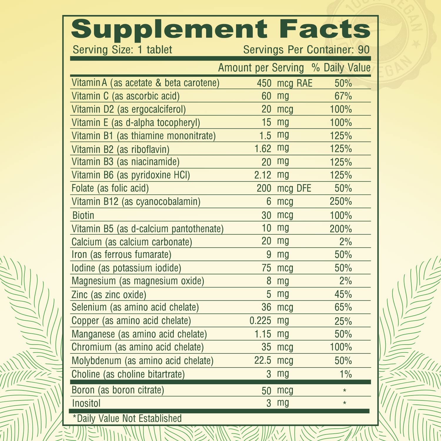 Label on DEVA Tiny Tablets showing vitamin blend and minerals