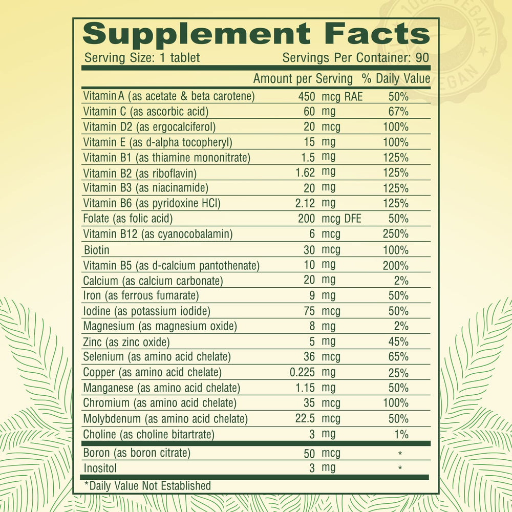 Label on DEVA Tiny Tablets showing vitamin blend and minerals
